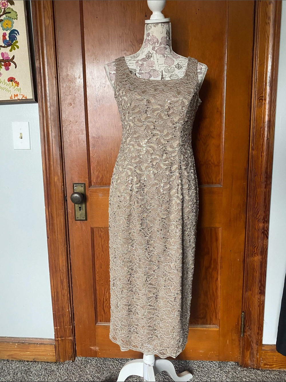Alex Evenings Taupe Lace Scoop Neck Midi Dress